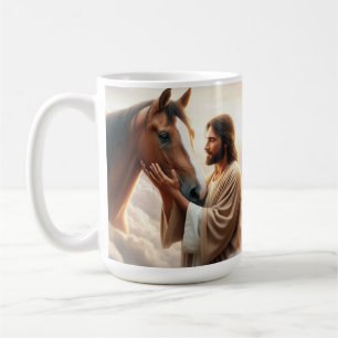 Mug Jésus réconfortant un cheval dans la lumière céles