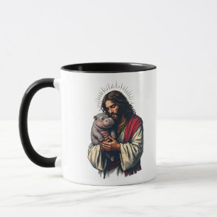 Mug Jésus tenant un bébé Moo Deng Hippo