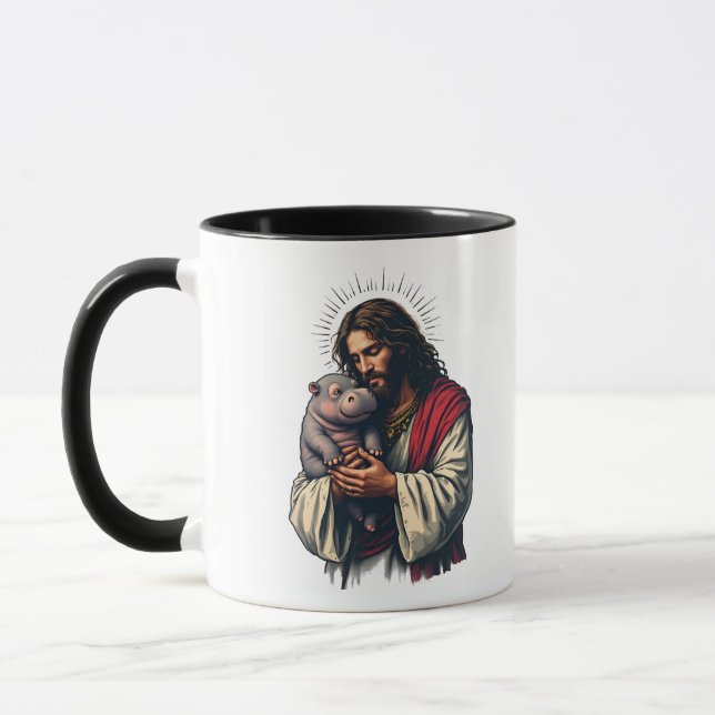 Mug Jésus tenant un bébé Moo Deng Hippo (Gauche)