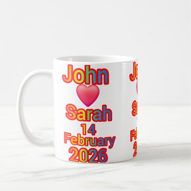 Mug John aime Sarah. Cadeau de la Saint-Valentin  (Gauche)