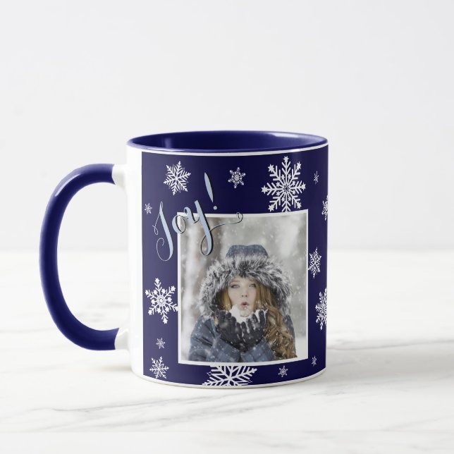 Mug Joie ! Festin blanc Fluge photo Cadre bleu marine (Gauche)