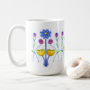 Mug Joli Art Fleur En Ligne Bleu Rose Jaune
