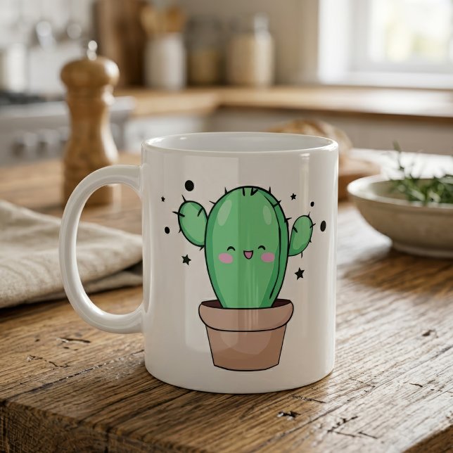 Mug Joli bébé cactus Kawaii souriant dans un vase avec (Cute smiling Kawaii Baby Cactus in vase with stars. Coffee Mug)