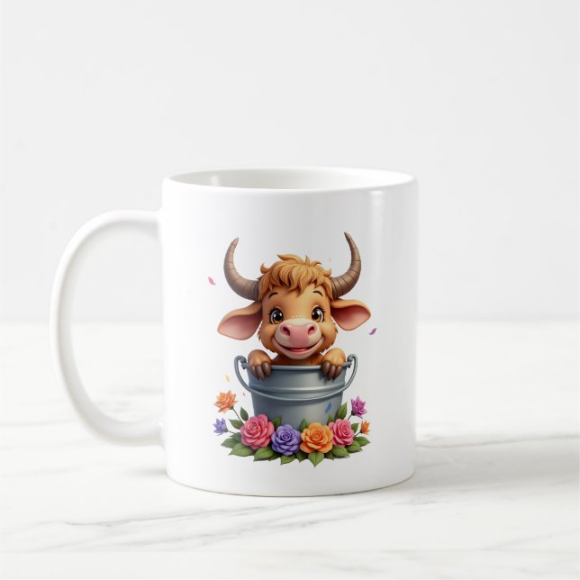 Mug Joli bébé vache des Highlands avec fleurs Veau Ani (Gauche)