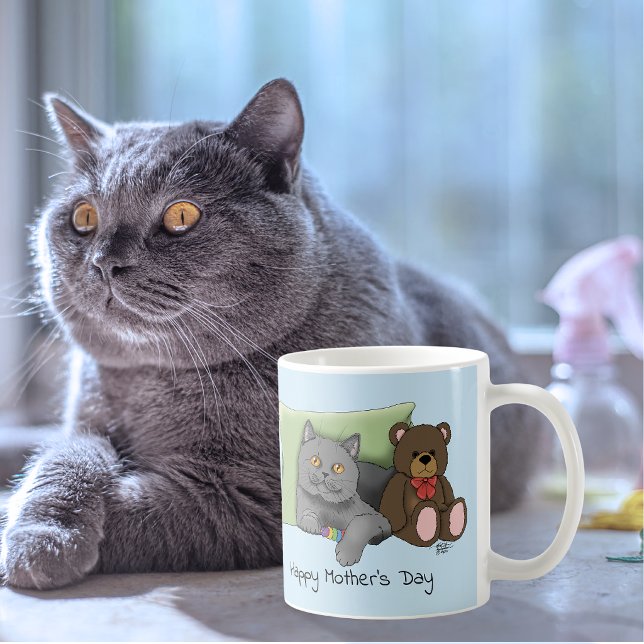Mug Joli Bleu Adorable Gris Meilleure Maman Chat Fête  (Créateur téléchargé)