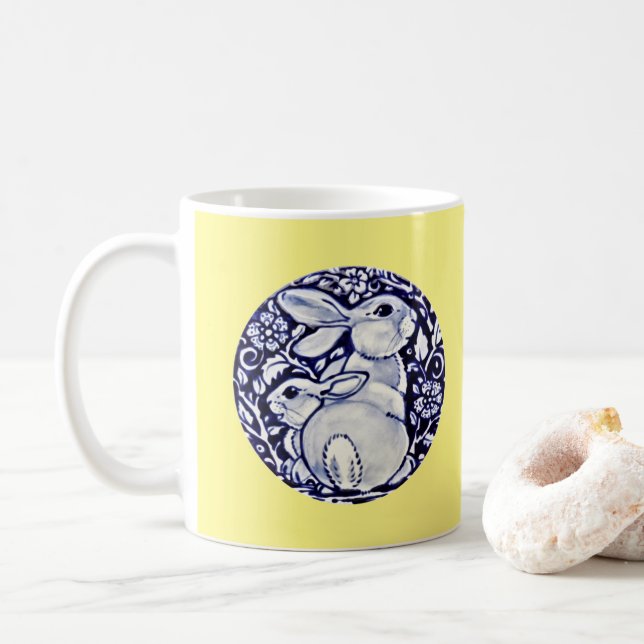 Mug Joli Bleu et Jaune lapin Art céramique lapin (Avec donut)