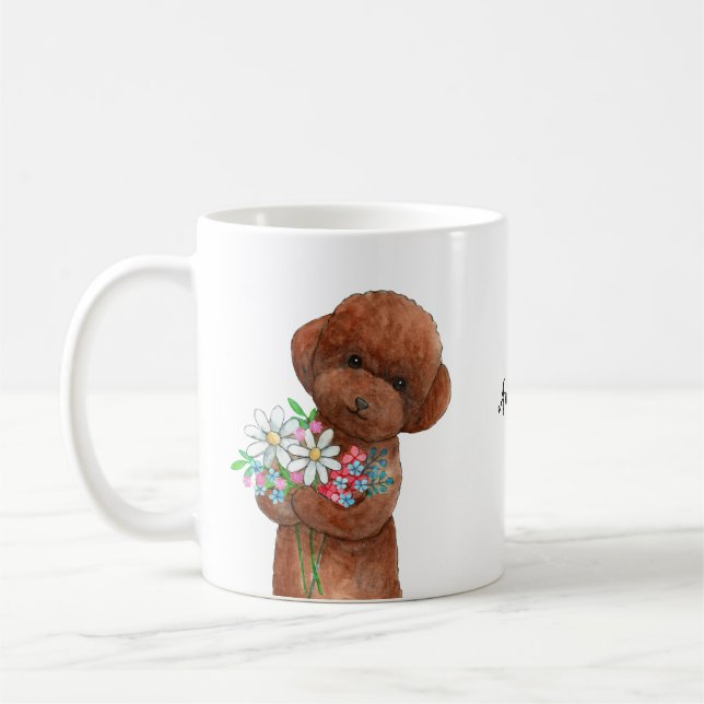 Mug Joli Caniche Rouge doodle Chiot Fleur Nom Personna (Gauche)