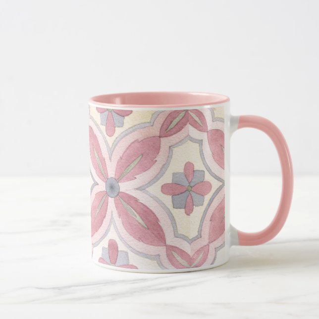 Mug Joli carrelage fleuri motif rose et bleu (Droite)