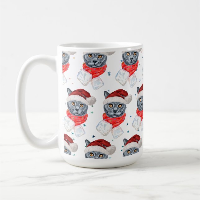 Mug Joli Chat Gris Aquarelle avec Écharpe (Gauche)
