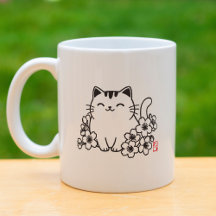 Joli chat japonais et sakura avec tampon "Neko"