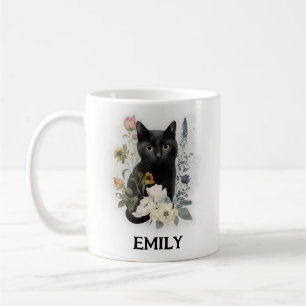 Mug Joli Chat Noir Aquarelle Fleurs Nom