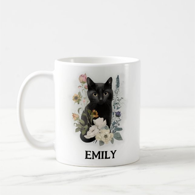 Mug Joli Chat Noir Aquarelle Fleurs Nom (Gauche)
