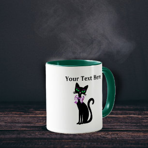 Mug Joli Chat Noir Élégant Ruban Rose Yeux Verts
