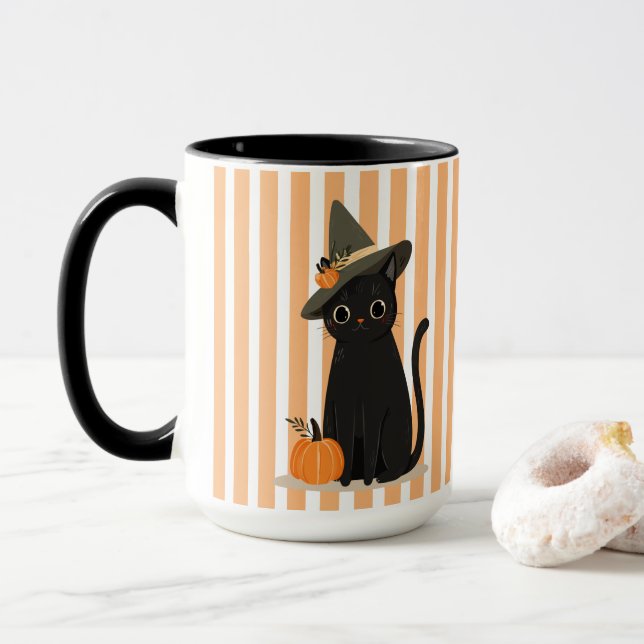 Mug Joli chat noir Halloween avec chapeau de sorcière  (Avec donut)