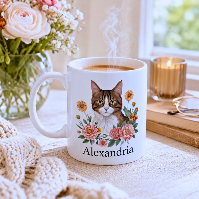Mug Joli chat tabby avec des fleurs  (Créateur téléchargé)