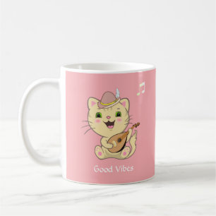 Mug Joli chat tigré roux musical heureux sur fond rose