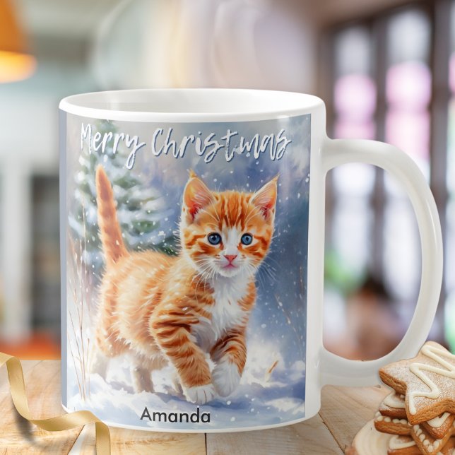 Mug Joli chaton roux aquarelle Noël neige (A personalized mug with ginger kitten illustration in a watercolor style and 'Merry Christmas' words)