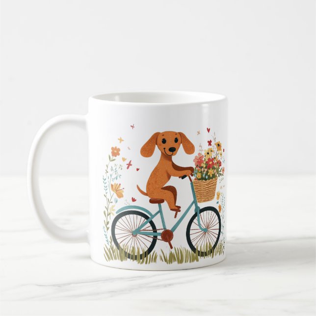 Mug Joli chien teckel à vélo Fleurs de printemps (Gauche)