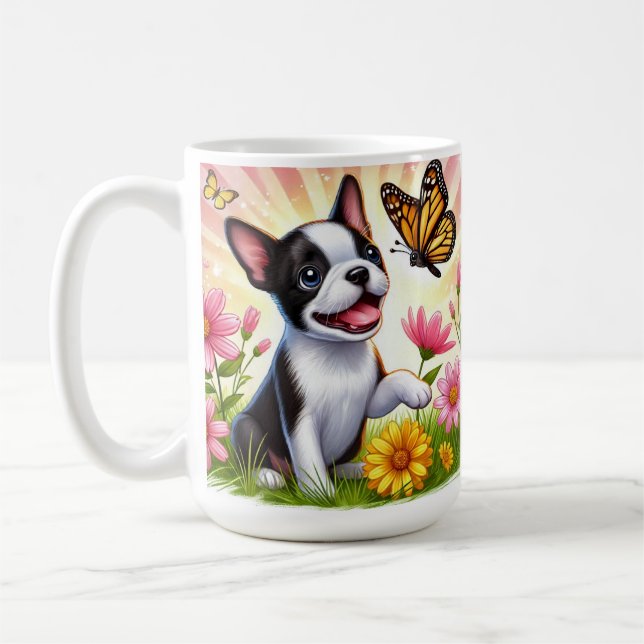 Mug Joli chiot Boston Terrier jouant avec un papillon  (Gauche)