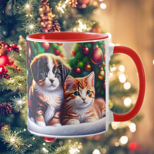 Mug Joli chiot et chat sous l'arbre de Noël (Créateur téléchargé)