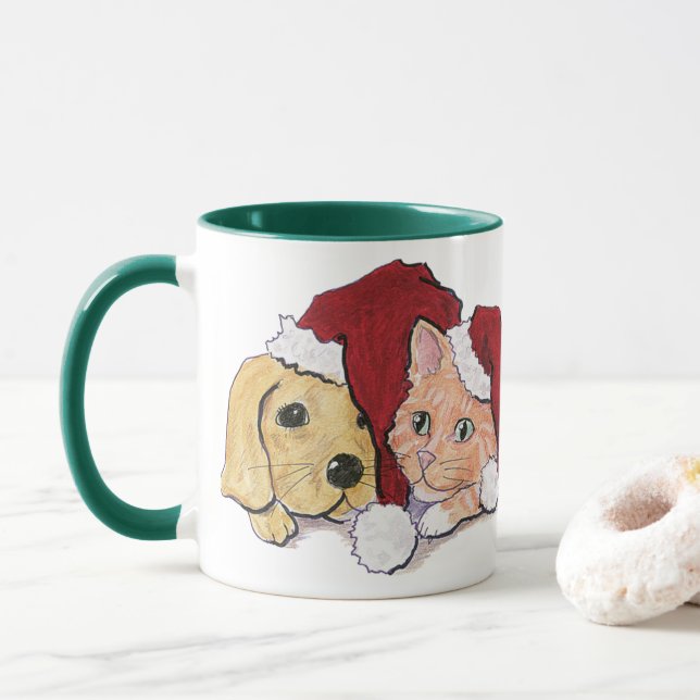 Mug Joli chiot Labrador de Noël et chat orange tigré (Avec donut)