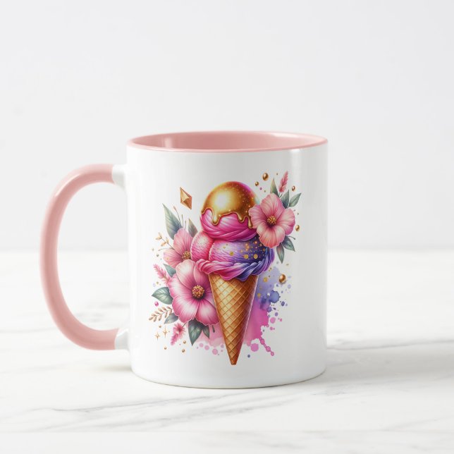 Mug Joli cône de crème glacée rose et or personnalisé (Gauche)