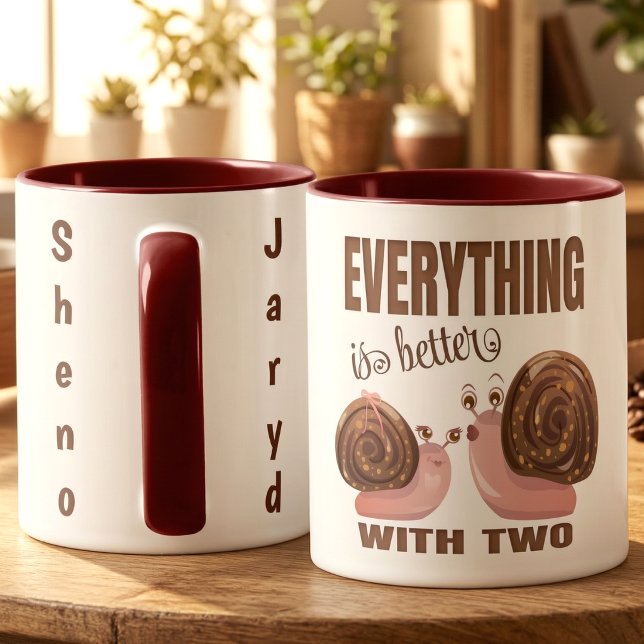 Mug Joli Couple d'Escargots de Dessin Animé (Two snails, twice the charm. Personalize it with your names. Original hand drawn art.)