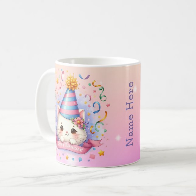 Mug Joli dessin animé Kawaii Kitty Chat Joyeux Anniver (Devant gauche)