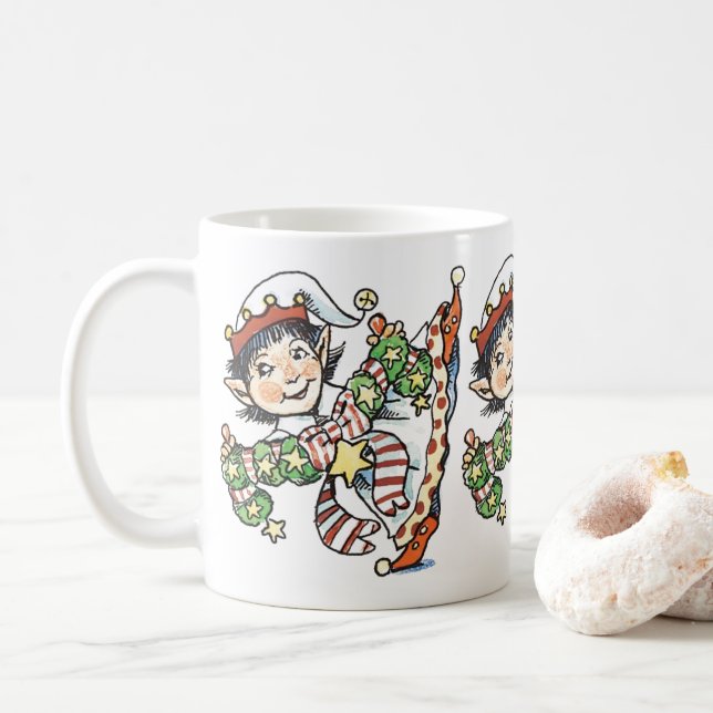 Mug Joli Elf Dancing, Caricature rétro de Noël (Avec donut)