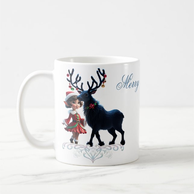 Mug Joli elfe de Noël et rennes foncés. (Gauche)