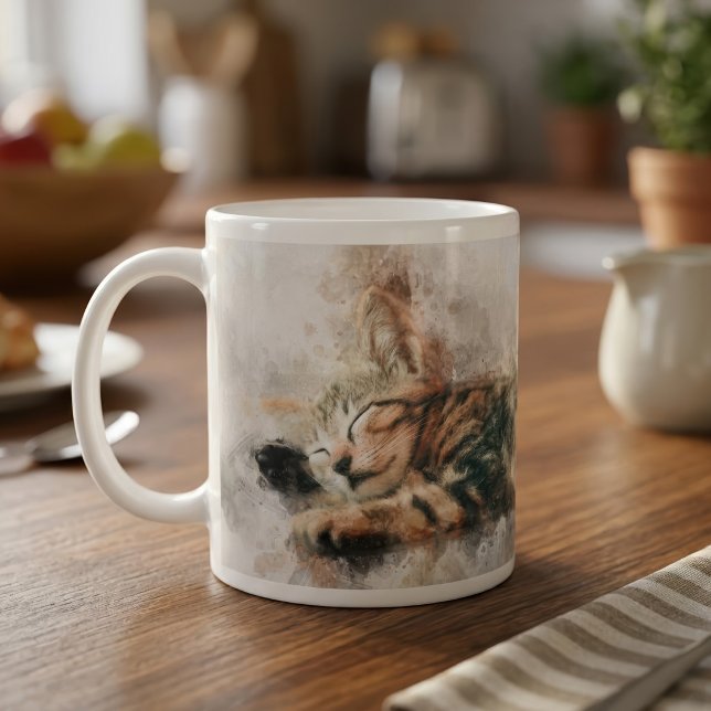 Mug Joli et mignon chaton dormant à l'aquarelle (Beautiful and cute kitten sleeping watercolor. coffee mug)