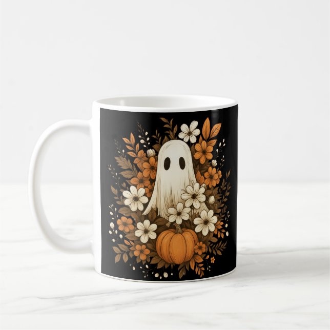 Mug Joli Fantôme avec Citrouille et Fleurs d'Automne – (Gauche)