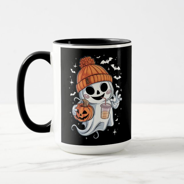 Mug Joli Fantôme Buvant du Café Halloween Café Glacé (Gauche)