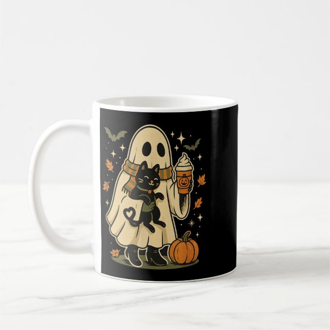 Mug Joli Fantôme Et Chat Noir Citrouille Café Hallowee (Gauche)