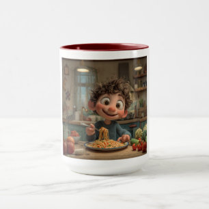 Mug Joli garçon animé mangeant des pâtes de spaghetti