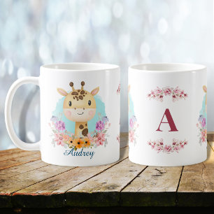 Mug Joli Girafe Thème Floral Monogramme Personnalisé