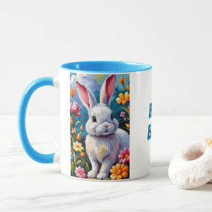 Mug Joli Lapin Blanc Entouré de Fleurs Vibrantes