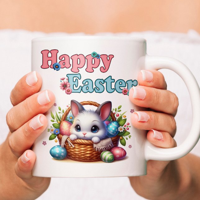 Mug Joli lapin de Pâques en panier avec oeufs et fleur (Cute Easter Bunny in Basket with Eggs and Flowers. Coffee Mug)