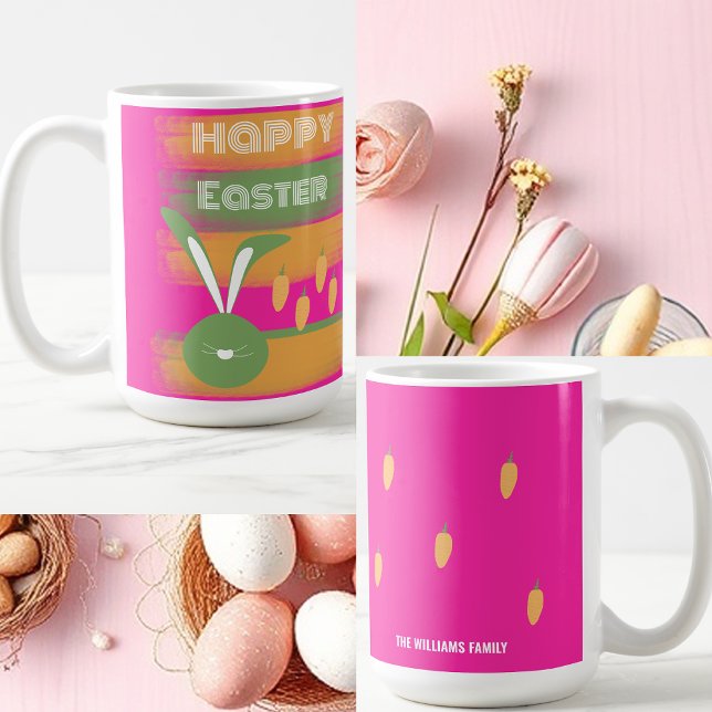 Mug Joli Lapin de Pâques Rose Vert Heureux et Carottes (Créateur téléchargé)