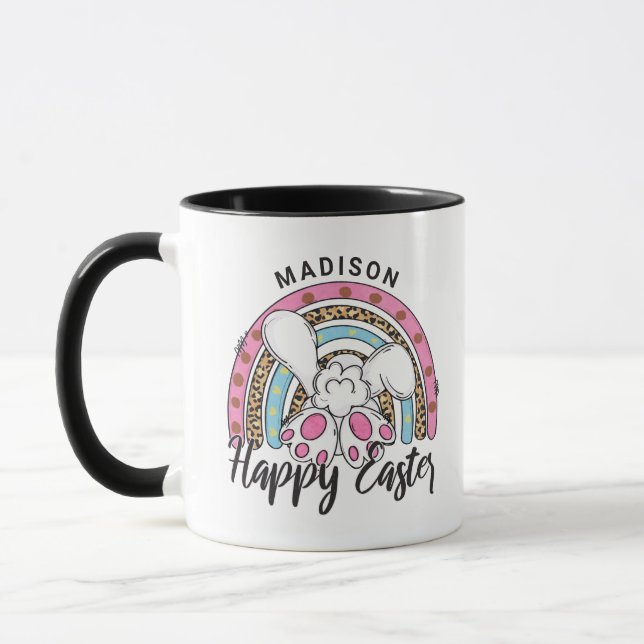 Mug Joli lapin lapin de Pâques Rainbow Ajouter un nom (Gauche)