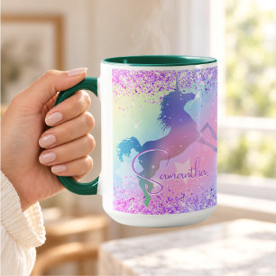 Mug Joli licorne rose paillettes arc-en-ciel art monog