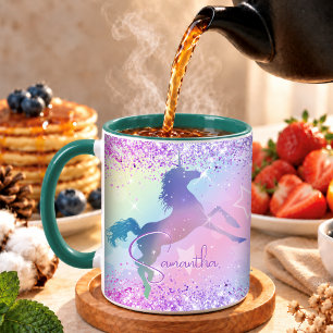 Mug Joli licorne rose paillettes arc-en-ciel art monog