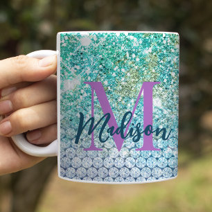 Mug Joli licorne turquoise faux monogramme pailleté