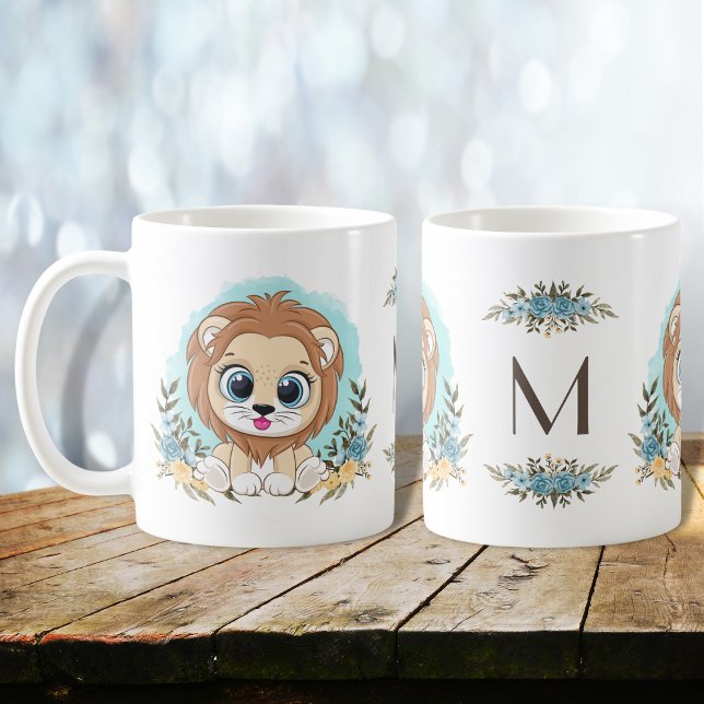 Mug Joli Lion Charme Floral Monogramme (Créateur téléchargé)