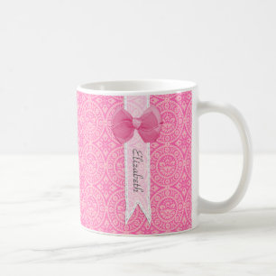 Mug Joli Médaillon rose Damask Mignonne Bow avec nom