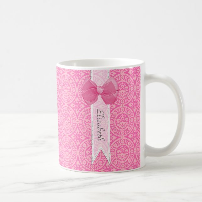 Mug Joli Médaillon rose Damask Mignonne Bow avec nom (Droite)