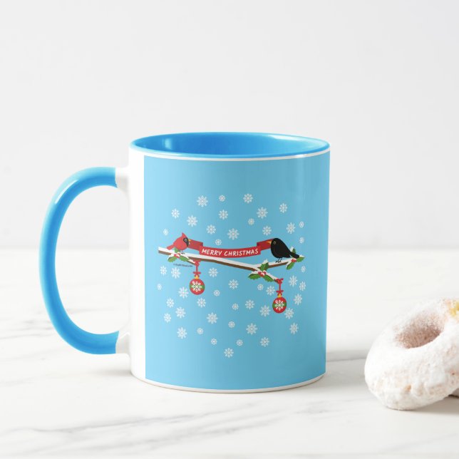 Mug Joli Merle et Cardinal sur une Branche - JOYEUX NO (Avec donut)