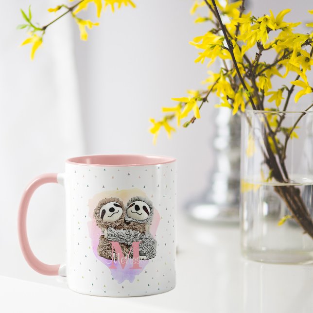 Mug Joli Monogramme Aquarelle Nom Pink Sloth Hugs (Créateur téléchargé)