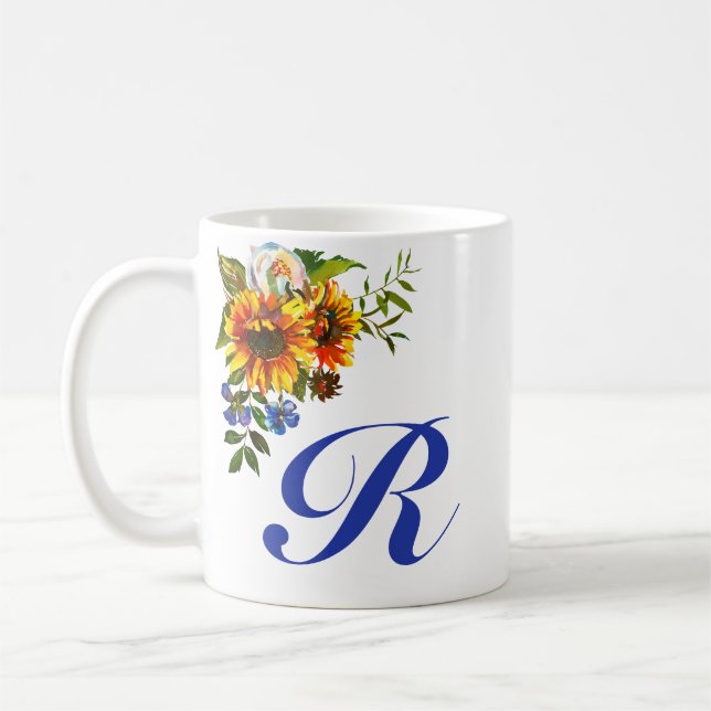 Mug Joli Monogramme Bleu de Tournesol Rustique (Gauche)