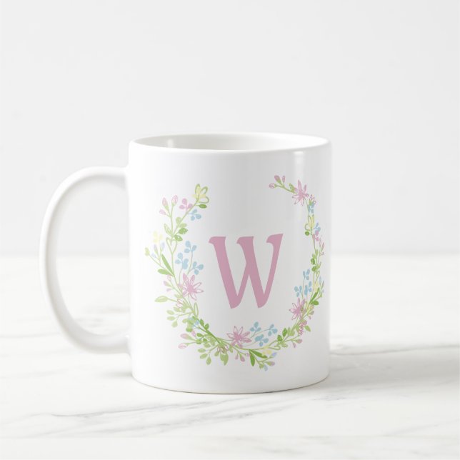 Mug Joli Monogramme de couronne de fleurs rose (Gauche)
